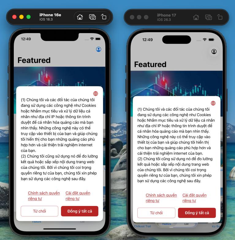 Cookie banner của BITRUST trên ứng dụng di động, chụp ở hai máy iPhone