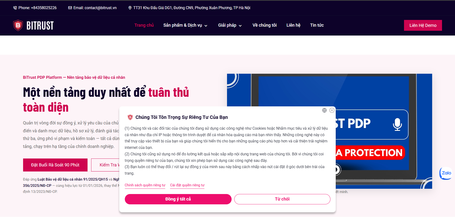 Cookie banner của BITRUST trên website, hộp xin đồng ý giữa màn hình